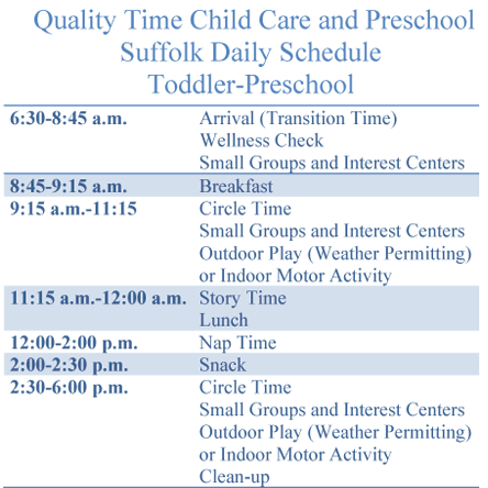 Daily Schedule for Suffolk VA day care